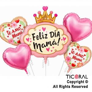 SET DE GLOBOS METALIZADO FELIZ DIA MAMA CORONITA Y CORAZONES 5 UNIDADES